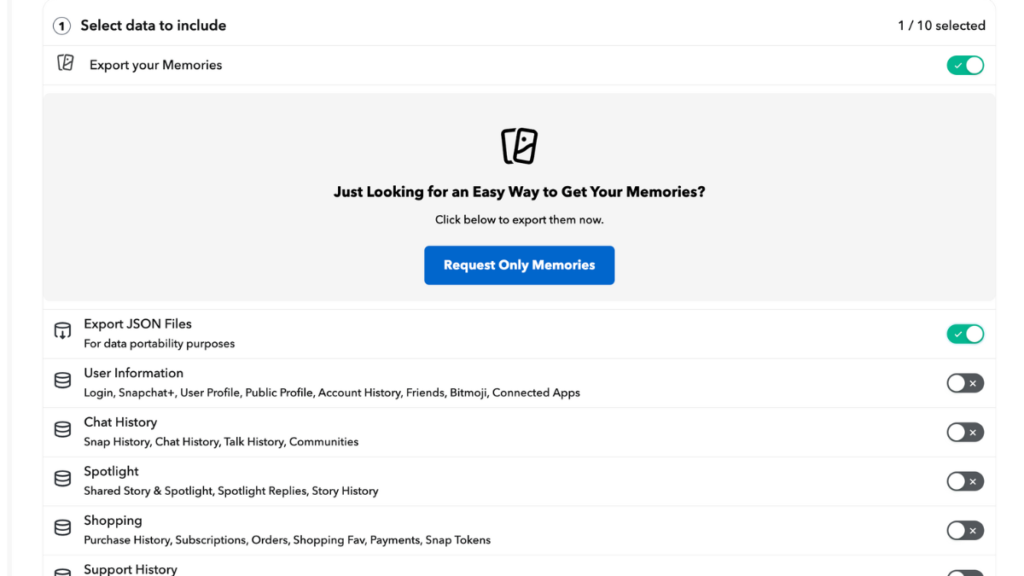 Data export screenshot snapchat